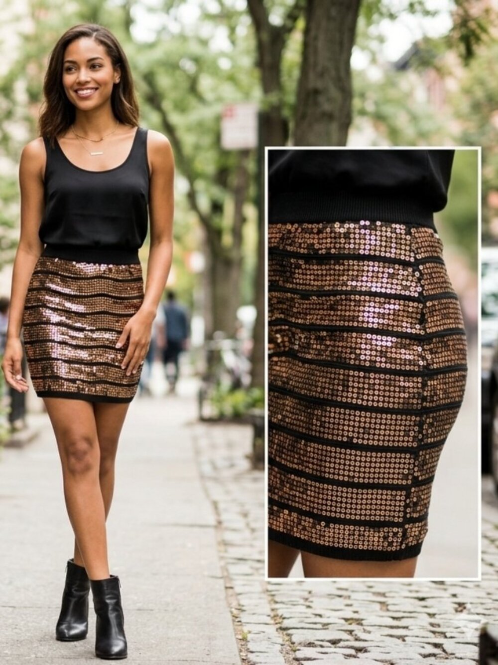 Forever 21 Black & Gold Sequin Short Pencil Mini Skirt - Small